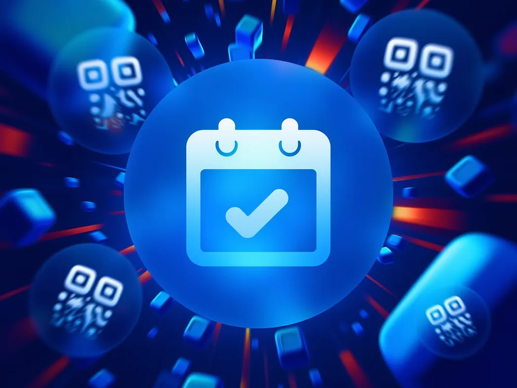 Calendly QR code generator preview showing custom QR codes with logos for business cards, email signatures and conference badges