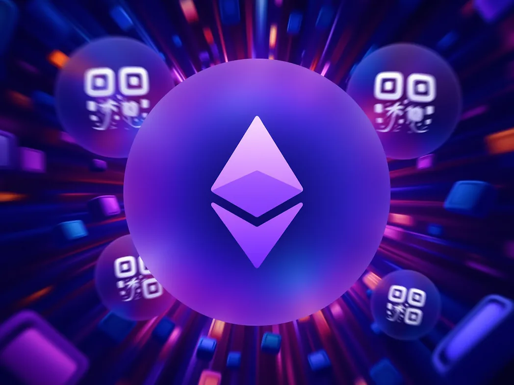 Ethereum QR code generator preview showing custom EIP-681 wallet QR codes with logos for NFT-mint posters, DeFi conference badges and DAO treasury cards