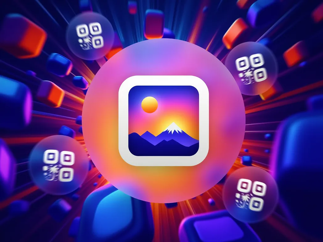 Gallery QR code generator preview showing custom QR codes opening a photo album with portrait