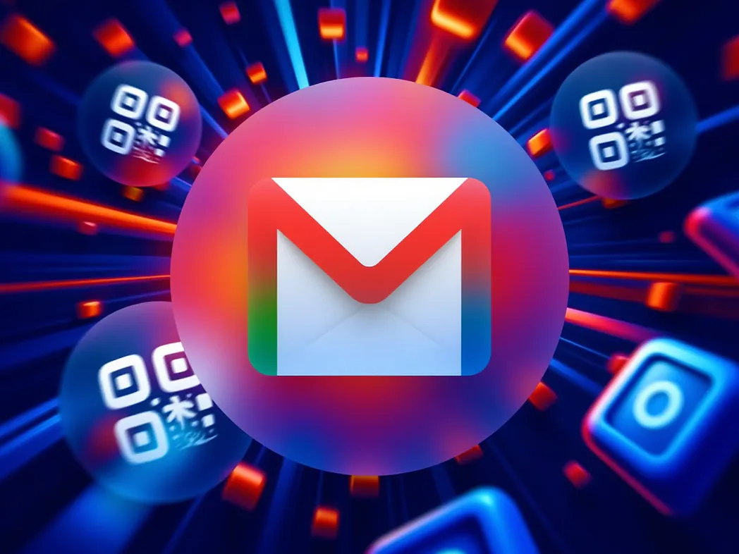 Gmail QR code generator preview showing custom QR codes with logos, AI-designed pixel art and a smartphone opening a Gmail Compose draft pre-filled.