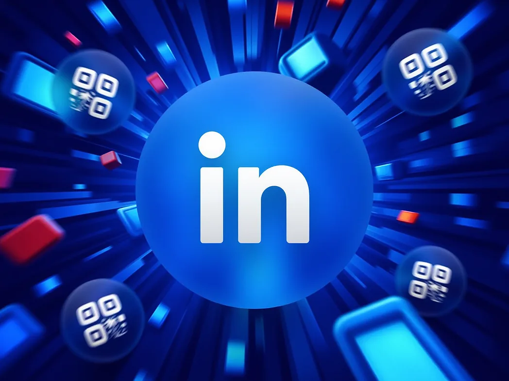 LinkedIn QR code generator preview showing custom branded codes printed on conference lanyards and business cards for one-scan profile sharing