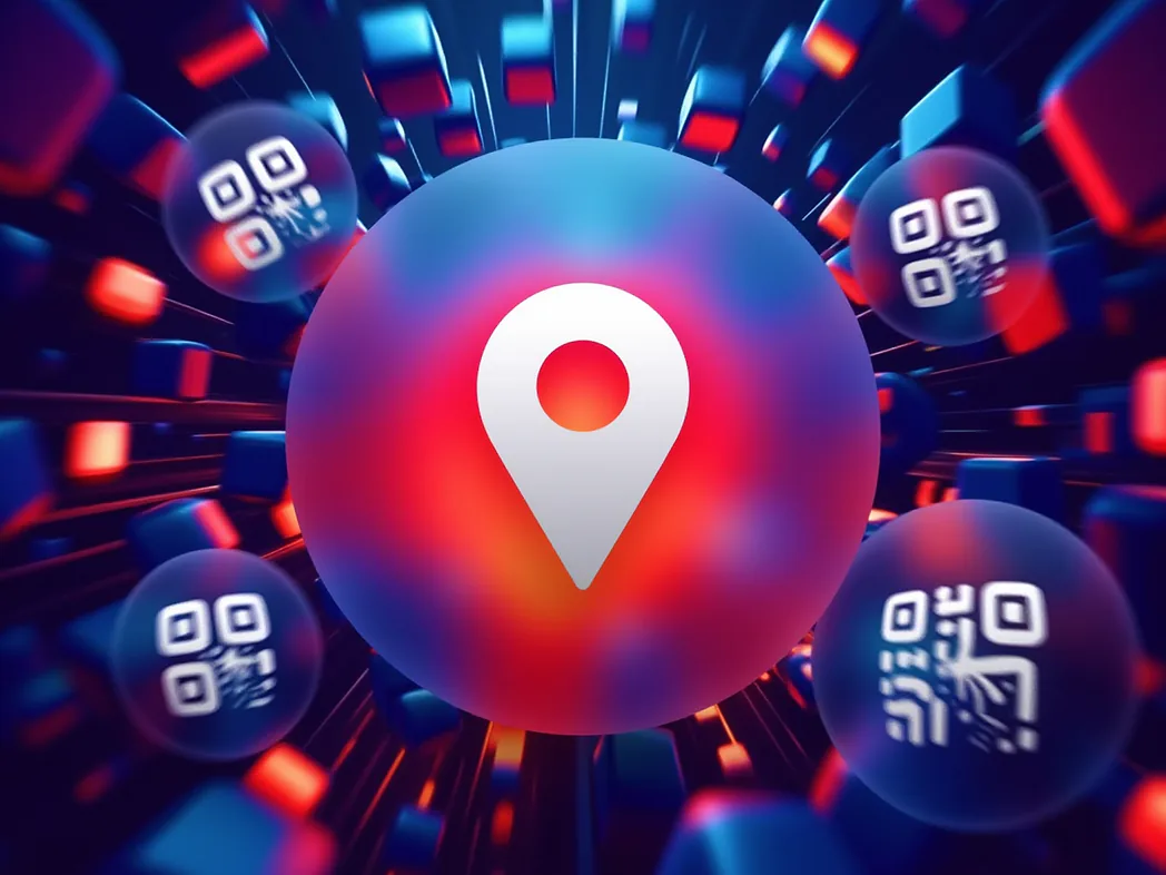 Location QR code generator preview showing custom geo URI QR codes with brand logos