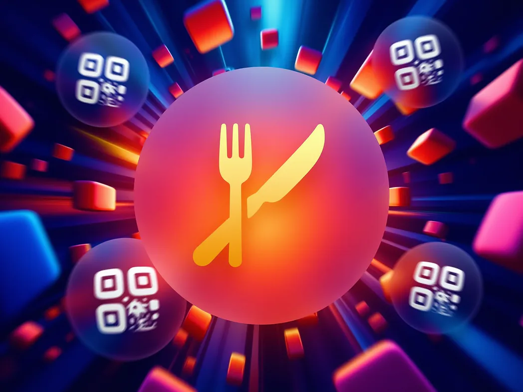 QR Code Menu Generator for Restaurants and Cafes Restaurant table tent printed with a QR code that opens a contactless digital menu on a smartphone, surrounded by branded menu QR designs.