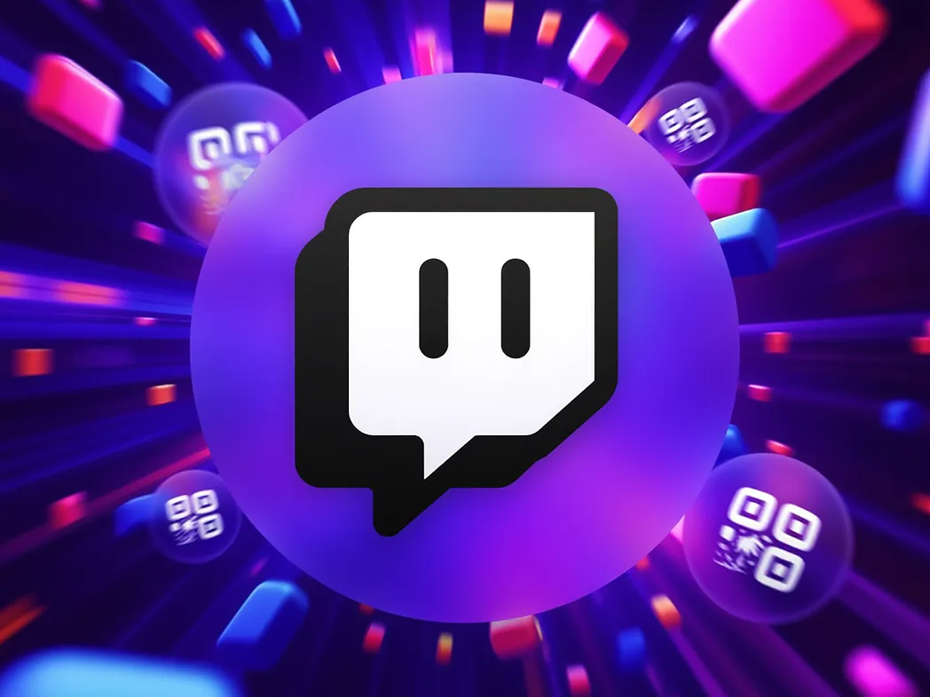 Twitch QR code generator preview showing custom QR codes opening streamer channels, live broadcasts, clips and subscribe pages.
