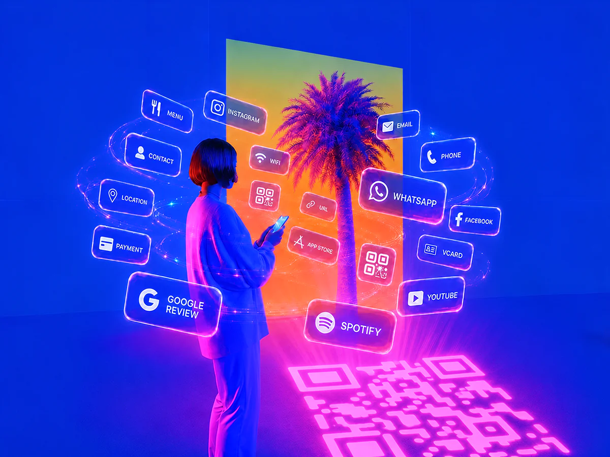 Woman Choosing a QR Code Type from 60 Content Options Woman holding a smartphone in front of glowing neon buttons for QR code content types like Menu, Instagram, WiFi, URL, WhatsApp, Facebook, vCard and YouTube, with a pink QR code projected on the floor.
