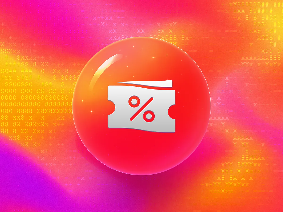 Coupon QR Code Generator: Free & Customizable Glossy rose 3D orb with a white ticket coupon icon on a vibrant gradient for the Coupon QR code generator