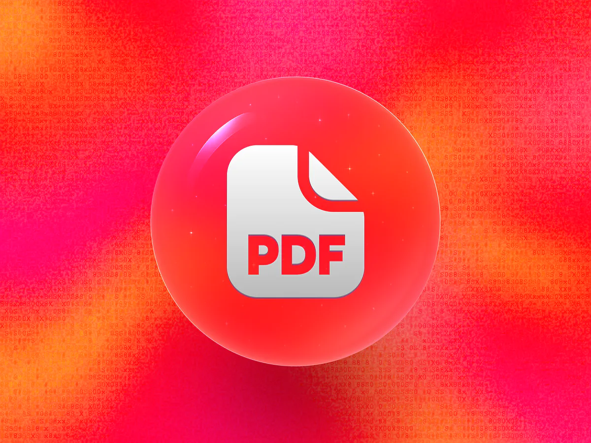 PDF QR Code Generator: Free & Customizable Glossy red 3D orb with a white PDF document icon on a vibrant gradient for the PDF QR code generator