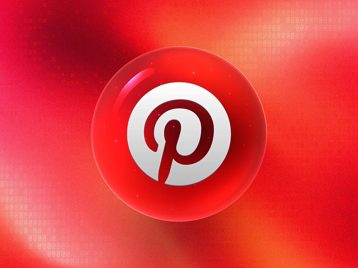 Glossy red 3D orb with a white pin 'P' logo on a vibrant gradient for the Pinterest QR code generator