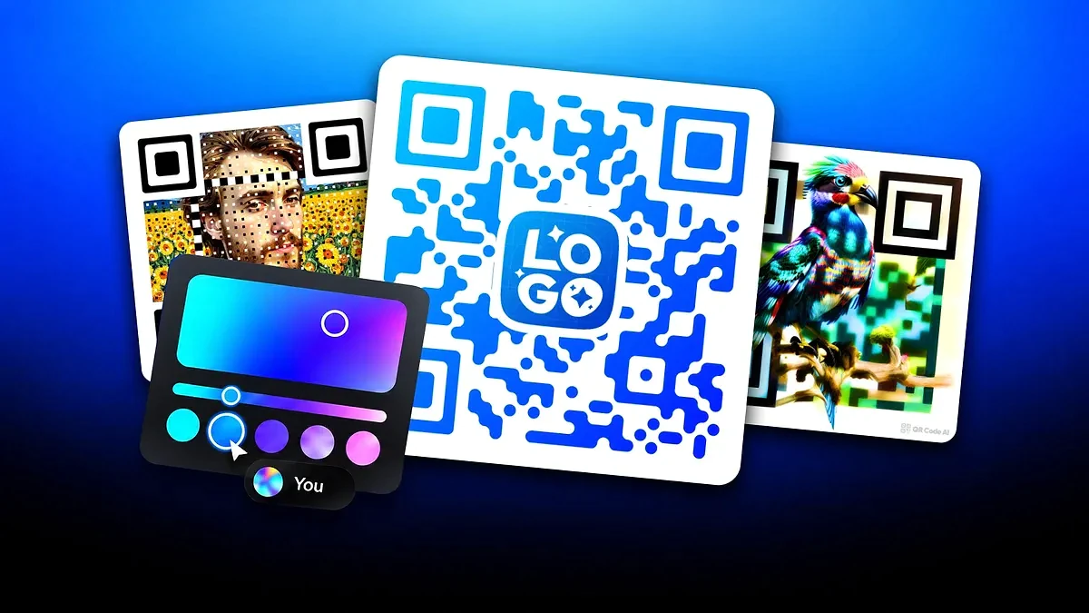 Three QR code designs with a portrait, a LO/GO logo and a colorful bird, plus a color picker, on a blue background.