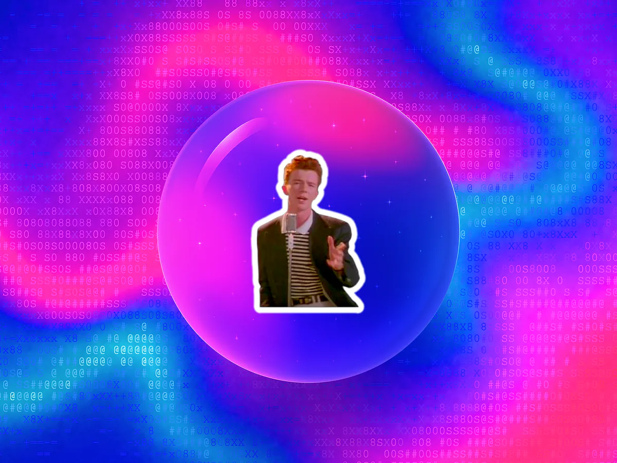 Glossy rose-red 3D orb with a white Rick Astley meme icon on a vibrant gradient for the Rickroll QR code generator