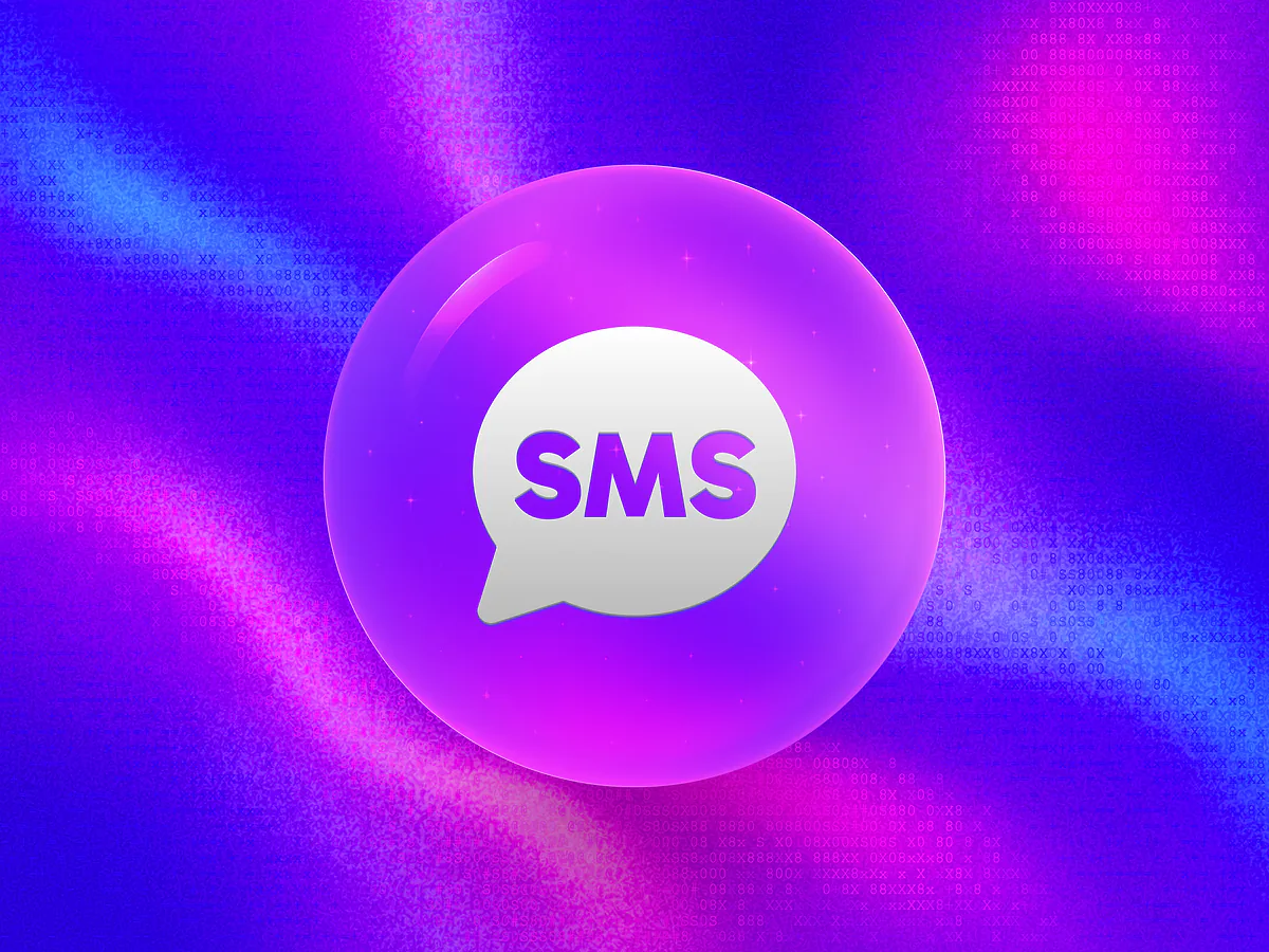 SMS QR Code Generator: Free & Customizable Glossy green 3D orb with a white speech bubble icon on a vibrant gradient for the SMS QR code generator