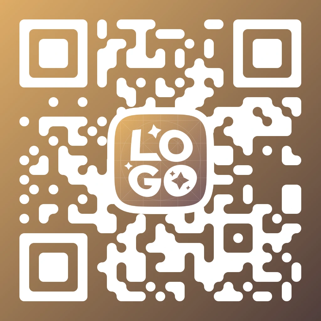 Brown-themed QR code with a white organic pixel pattern on a gold-to-brown gradient background, centred rounded-square white LOGO text with sparkles, and white square corner markers.