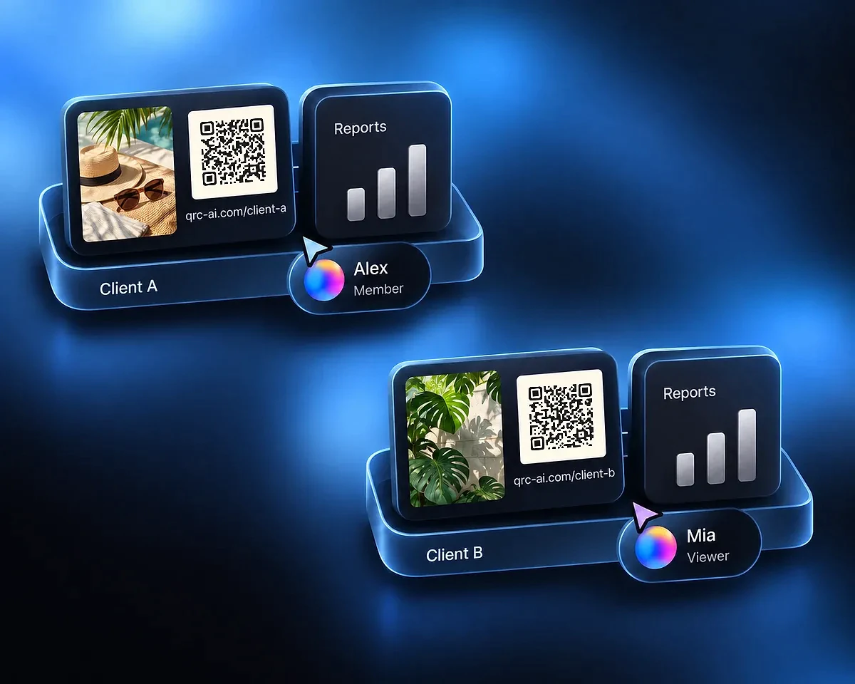Two independent client Workspaces Client A and Client B occupy separate Workspace trays, each with a QR campaign, reports and a teammate cursor.