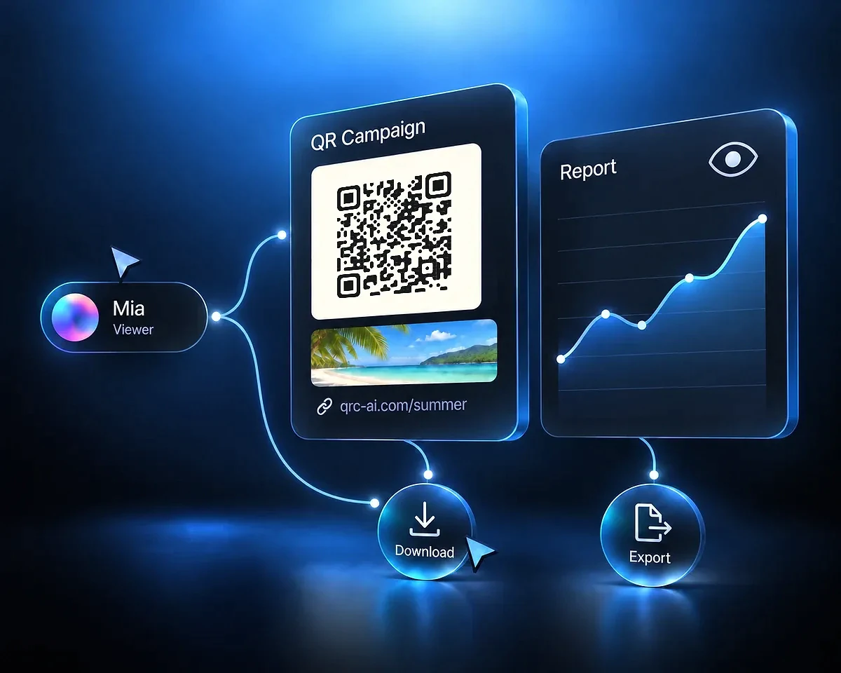 Viewer access to a QR campaign and report Mia, a Viewer, is connected to a QR campaign and a sample report with Download and Export actions.
