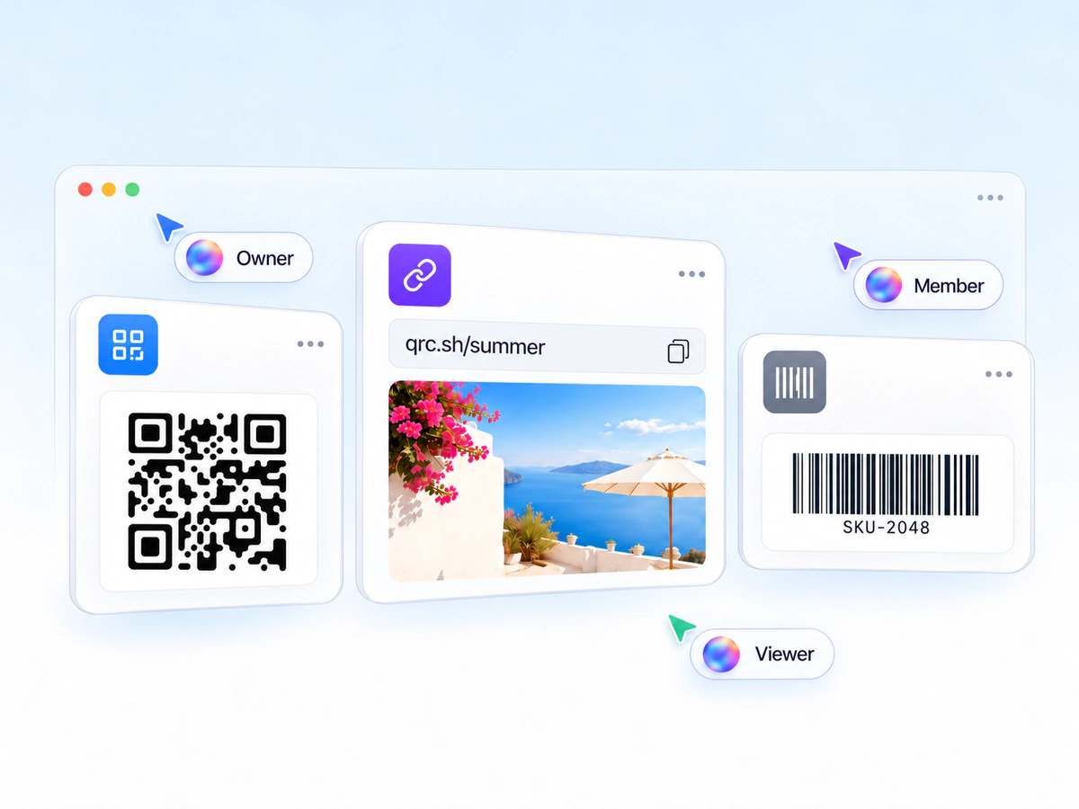 Cursores de Owner, Member e Viewer junto a QR codes, links inteligentes e códigos de barras num espaço de trabalho.