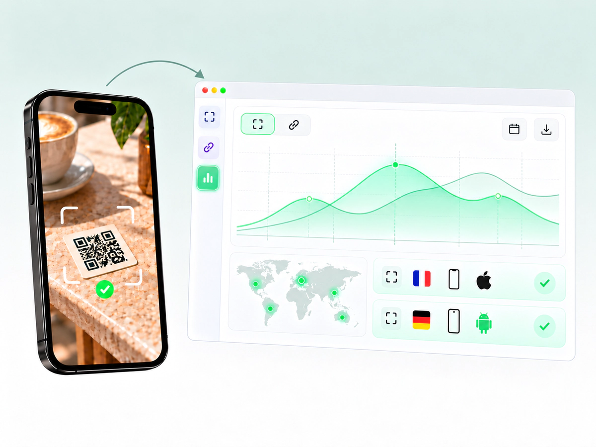 Escaneos QR y clics en enlaces a lo largo del tiempo Un teléfono escanea un código QR junto a un panel con una gráfica, un mapa e iconos de dispositivos.