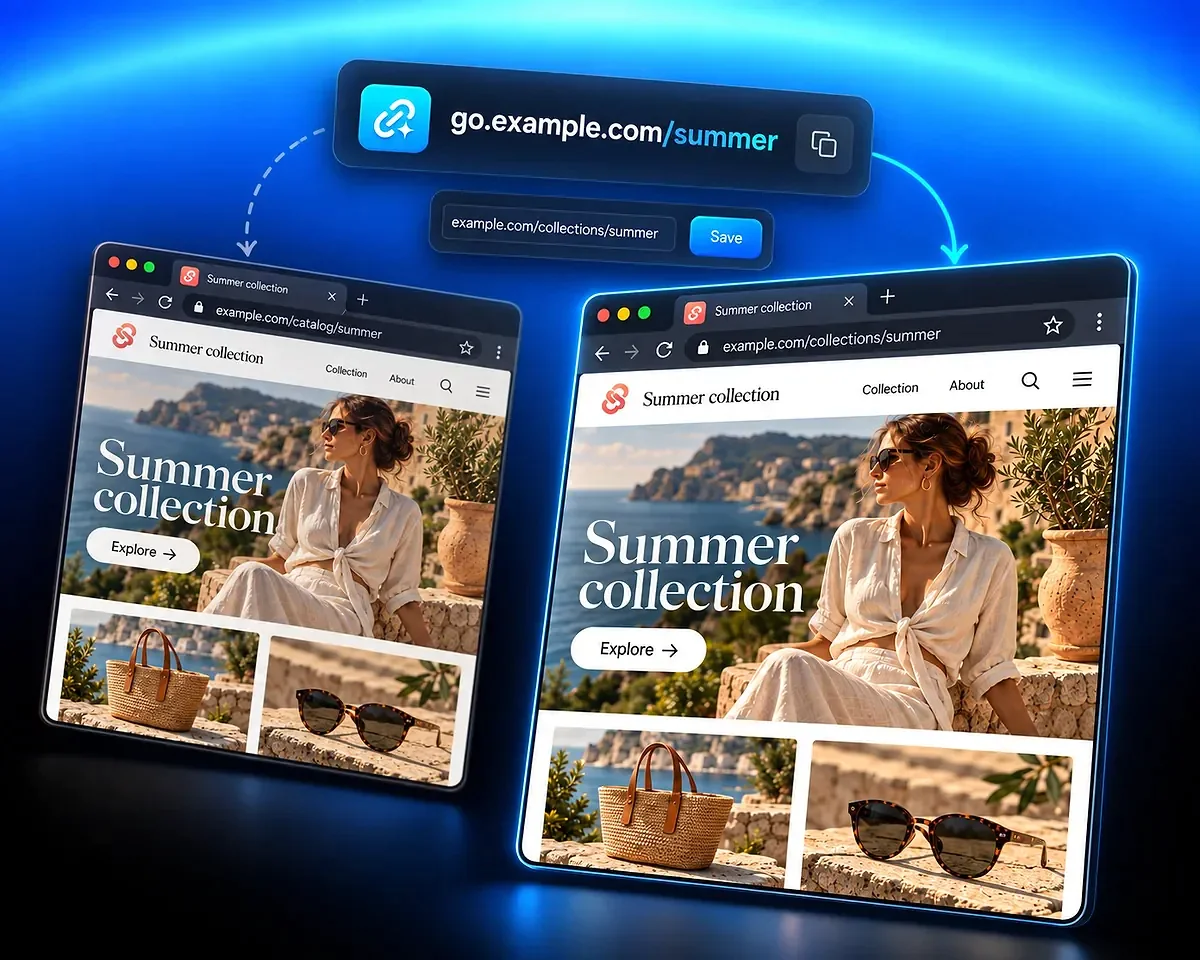 Update the destination, keep the short address The fictional short address go.example.com/summer stays the same while its destination changes from example.com/catalog/summer to example.com/collections/summer.