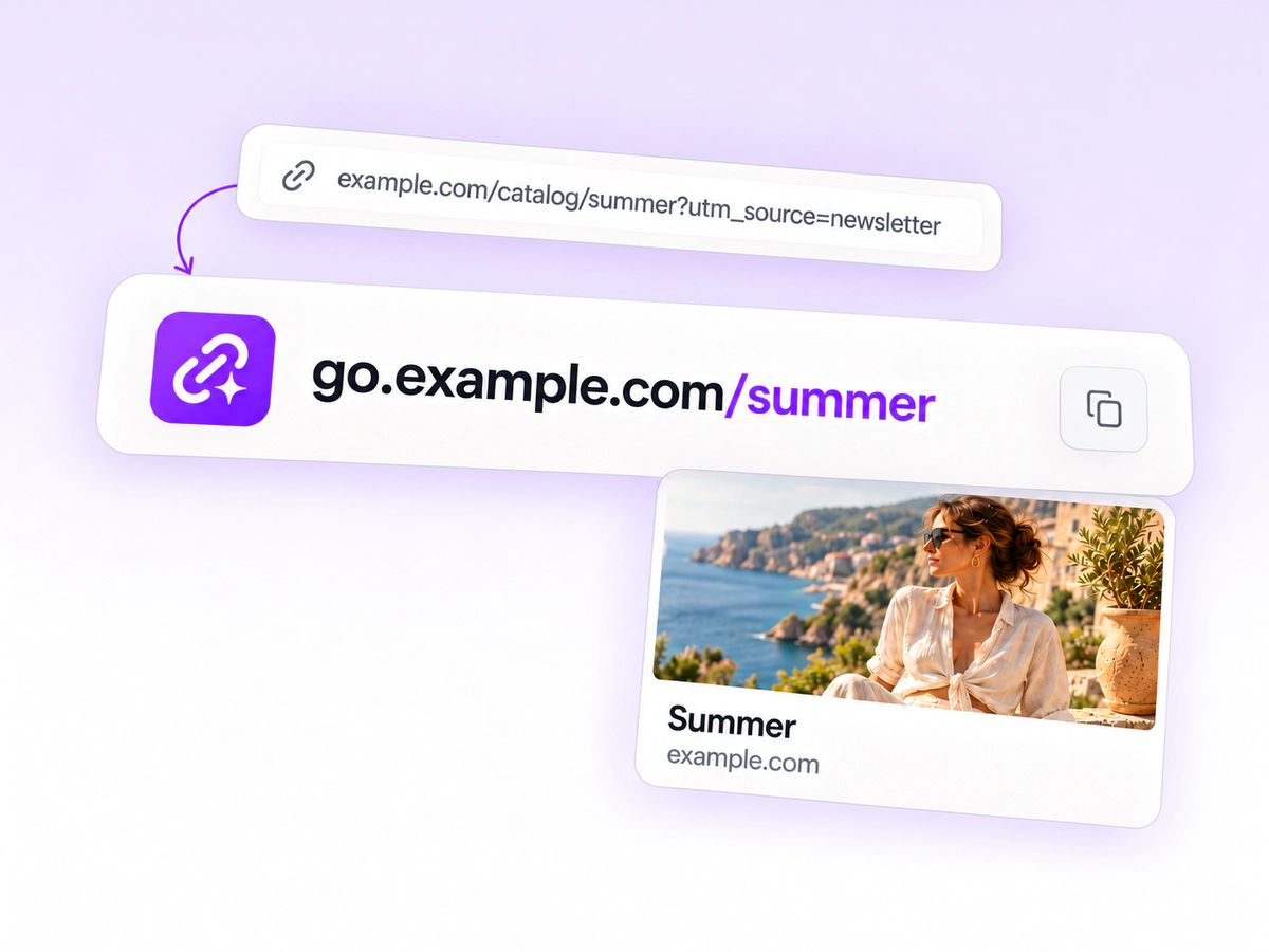 Smart link de marca con vista previa para compartir El enlace corto go.example.com/summer está conectado con una URL de destino y una vista previa de una colección de verano.