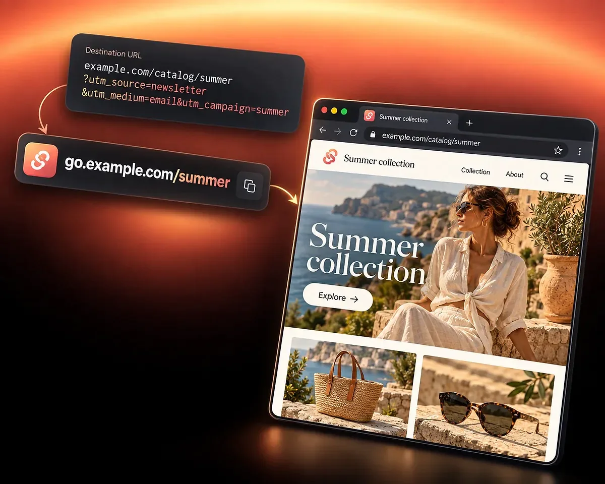Short campaign address and tagged website destination A short summer campaign link beside its website destination with newsletter, email, and summer UTM values.