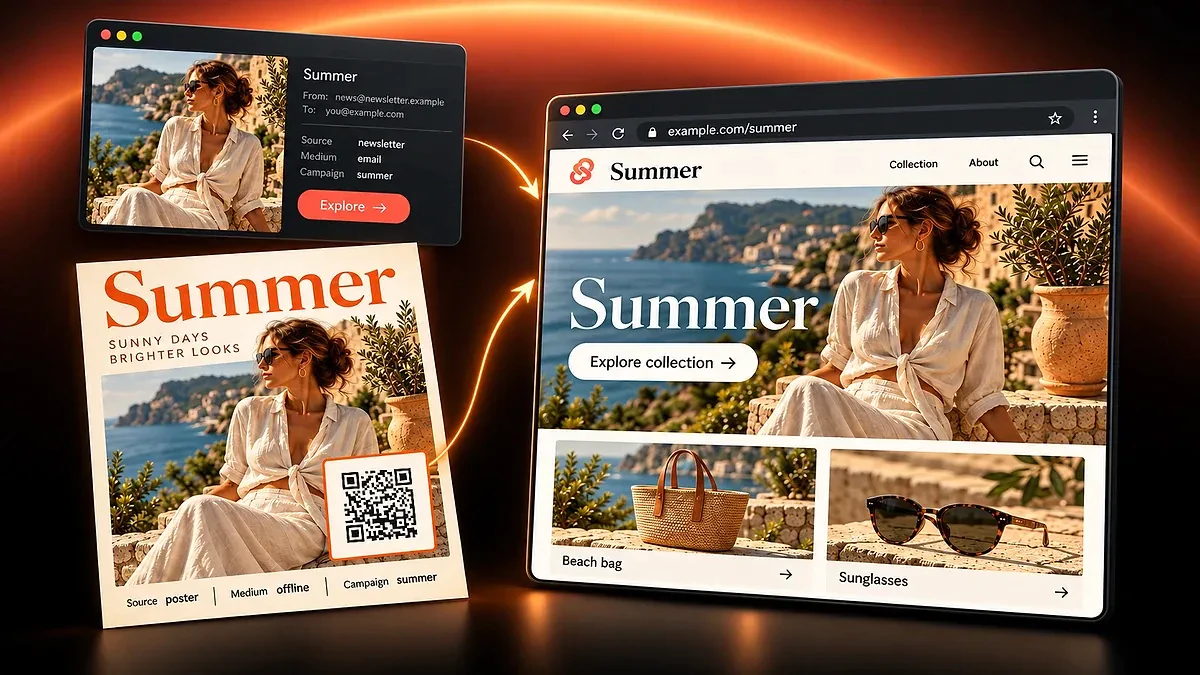 Ein Sommer-Newsletter und ein QR-Code-Plakat führen mit unterschiedlichen Quellen- und Kanalwerten zur selben Kollektion.