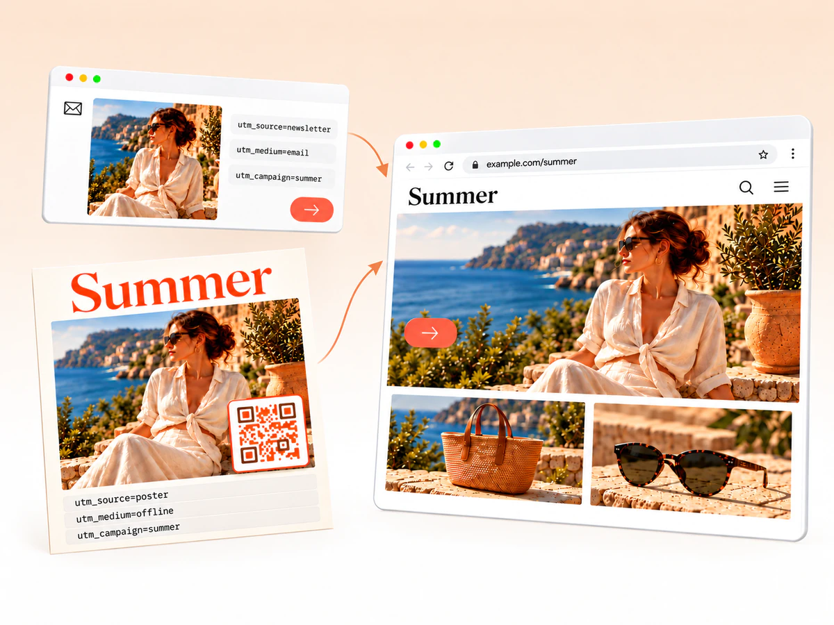Uma newsletter de verão e um cartaz com QR code chegam à mesma coleção com etiquetas diferentes de fonte e canal.