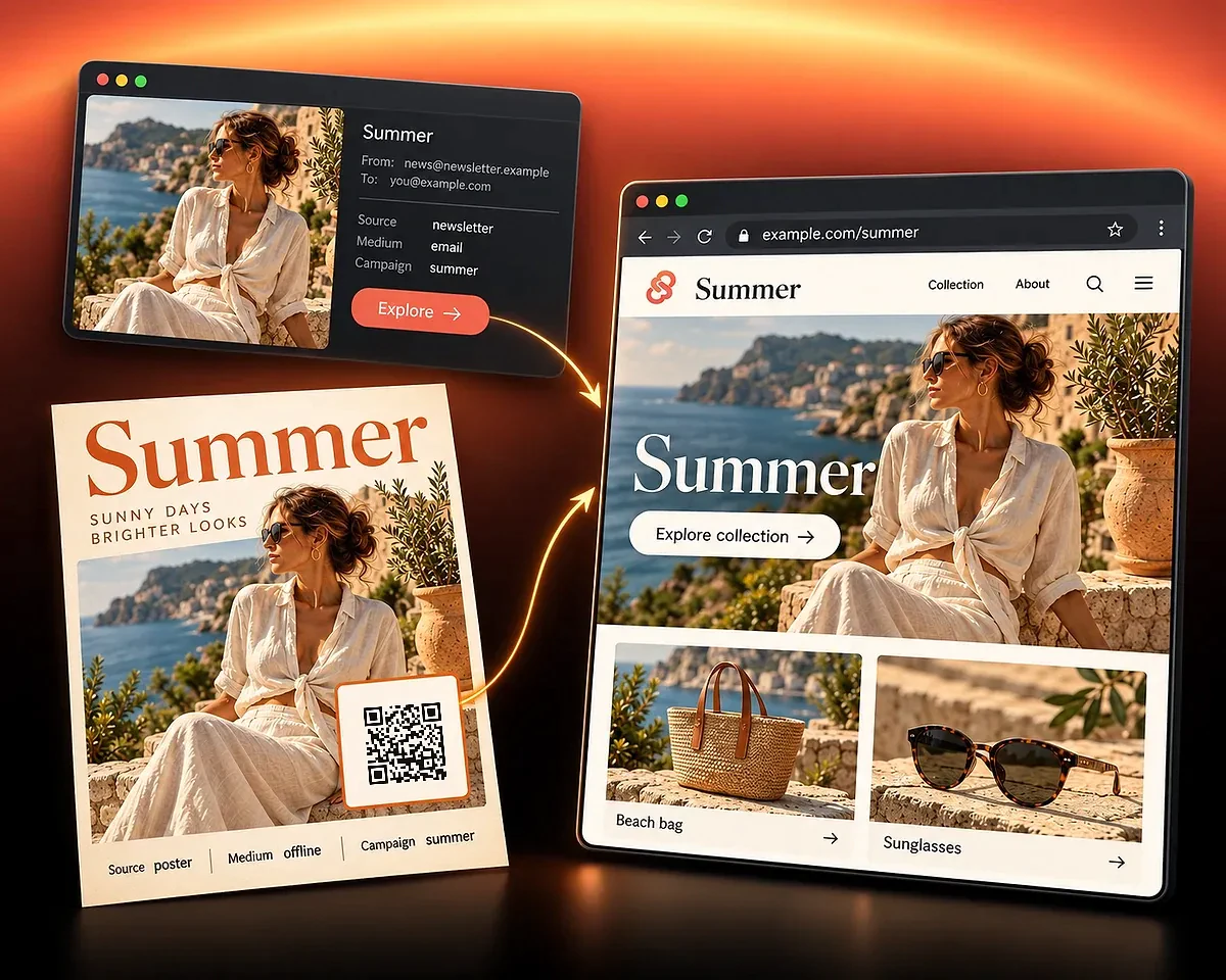 Newsletter and poster for the same summer campaign A newsletter tagged newsletter/email and a QR poster tagged poster/offline lead to the same summer collection.